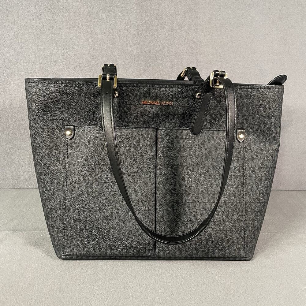 Michael Kors Jet Set Black & Gray Logo Medium Pocket Tote Handbag Purse - Picture 1 of 9